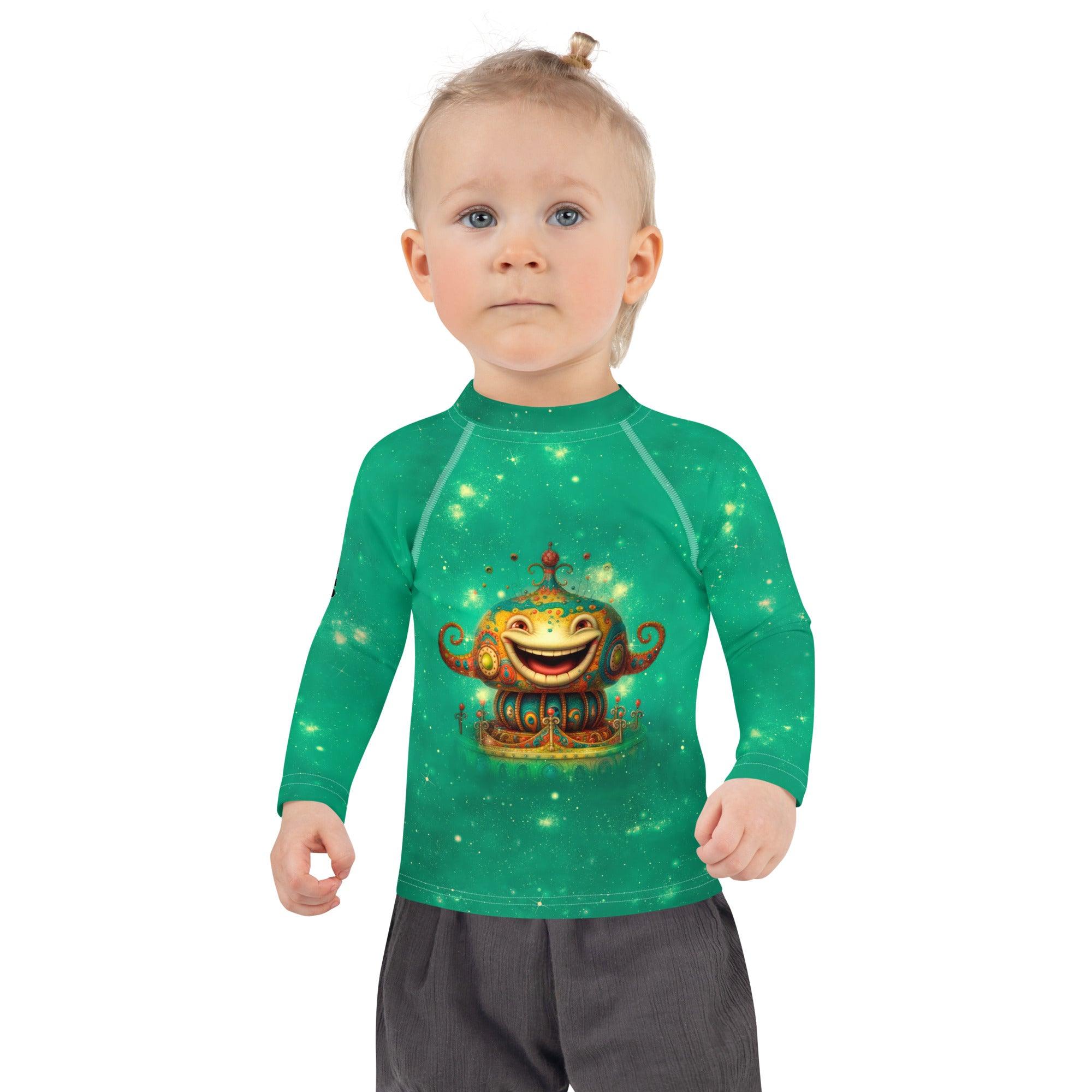 Playful kids swimwear featuring carousel rides and vibrant colors.