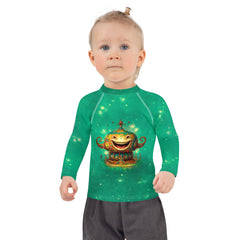 Playful kids swimwear featuring carousel rides and vibrant colors.