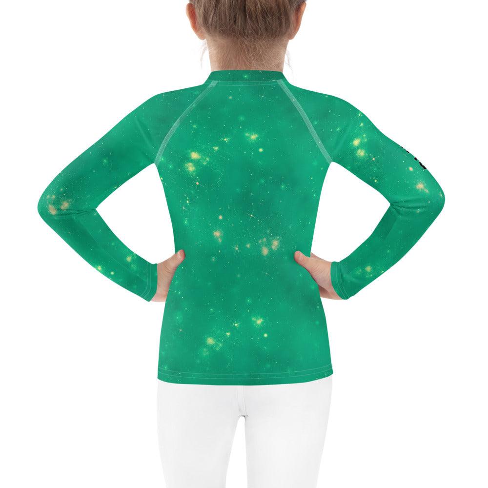 Close-up of Joyful Carousel Rides print on durable rash guard.