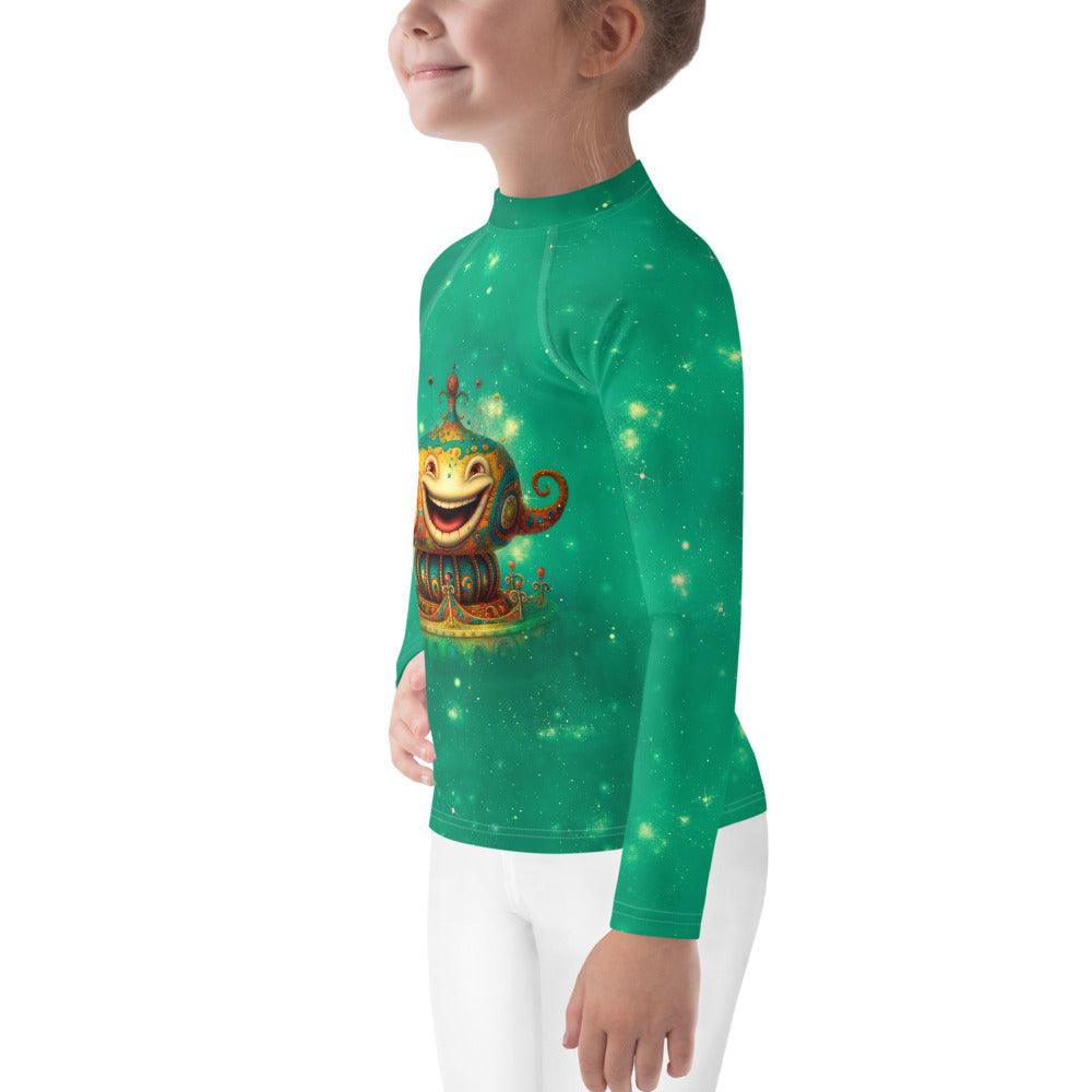 Kid ready for swim in cheerful carousel print rash guard.