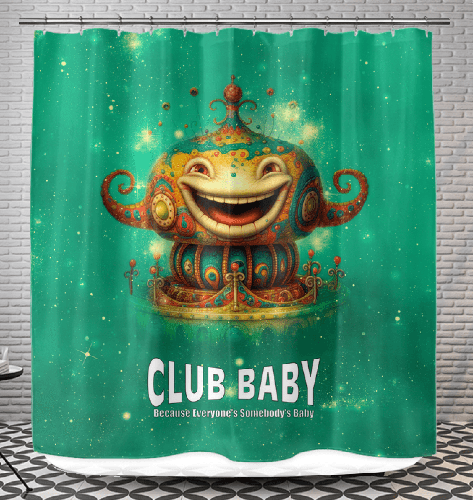 Vibrant Joyful Carousel Rides Shower Curtain adding a playful touch to bathroom decor.