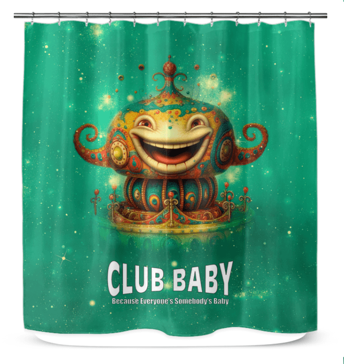 Colorful shower curtain with carousel horse designs for a joyful bathroom atmosphere.