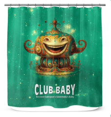 Colorful shower curtain with carousel horse designs for a joyful bathroom atmosphere.