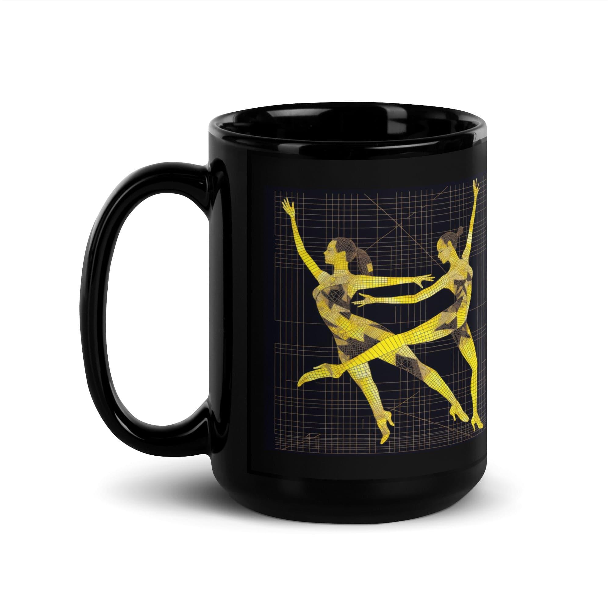 Stylish glossy black mug with movement-inspired patterns.