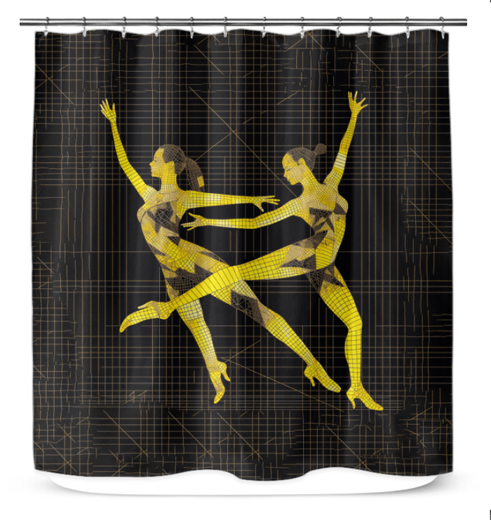 Colorful and stylish shower curtain with a unique feminine movement pattern, perfect for brightening any bathroom decor.