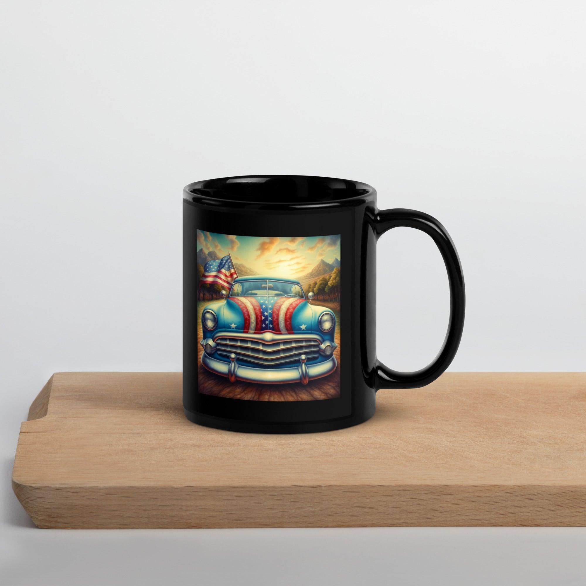 Land of Opportunity black glossy coffee mug on a table