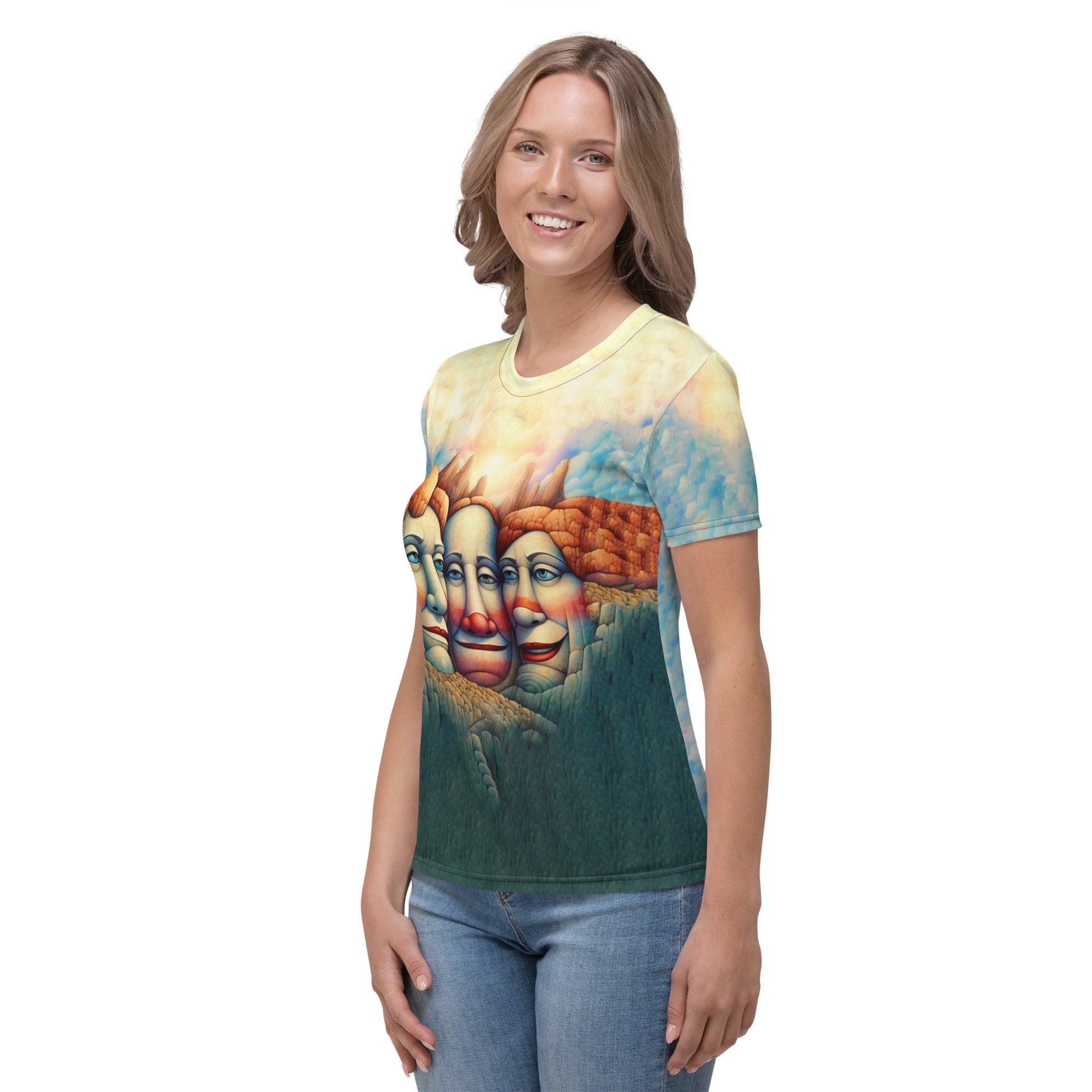 Woman wearing Liberty Tapestries Women's T-shirt outdoors