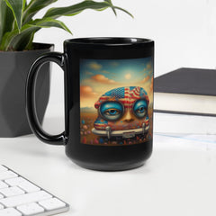 Black glossy mug with 'Life, Liberty, and the Pursuit of Happiness' inscription.