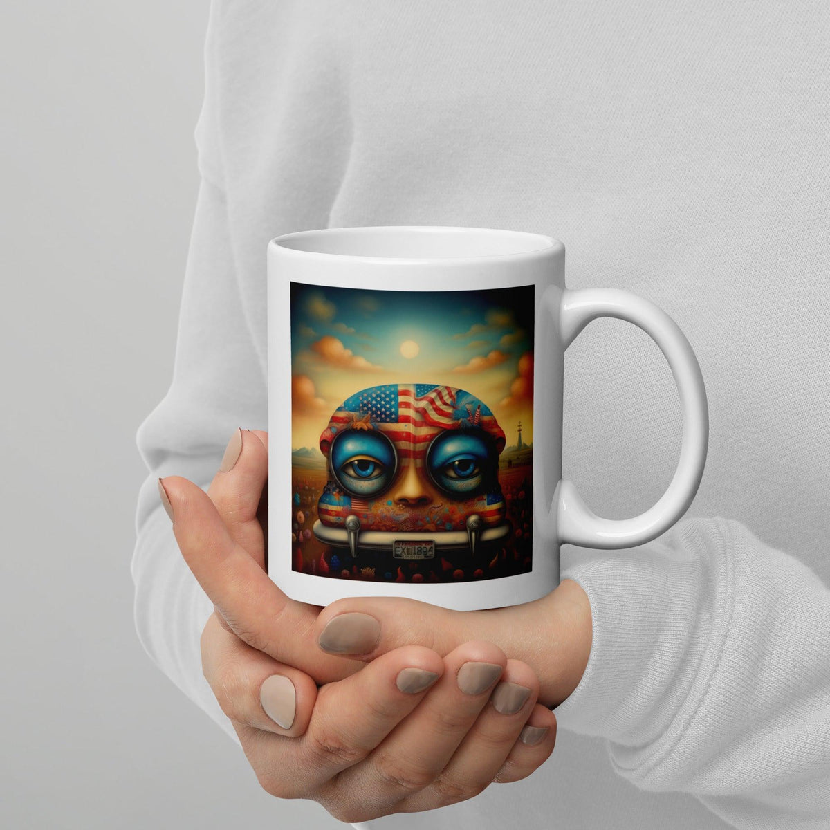 Life Liberty Happiness white glossy coffee mug on wooden table.