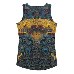 Back view of model in Line Legend Sublimation Tank, highlighting unique pattern.