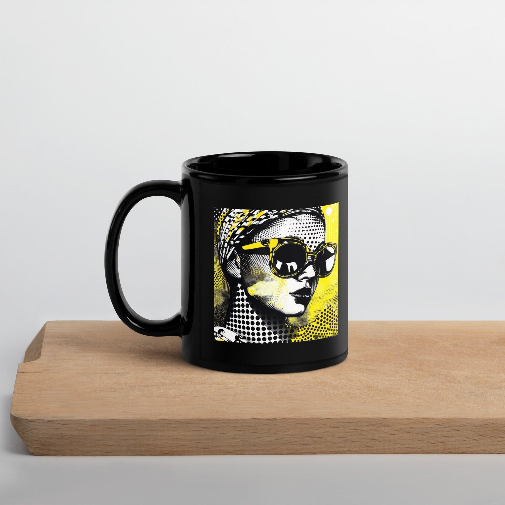 Elegant black glossy mug on wooden table.