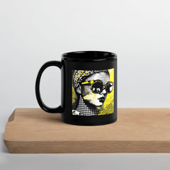 Elegant black glossy mug on wooden table.