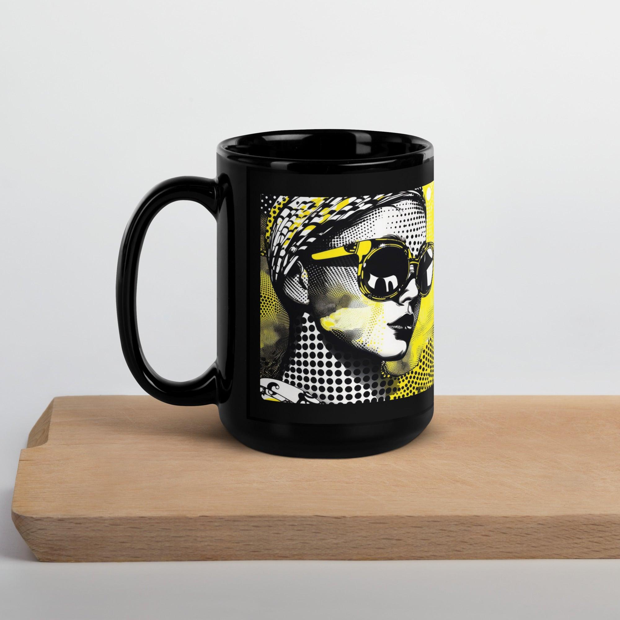 Line Lengths black mug filled with coffee.