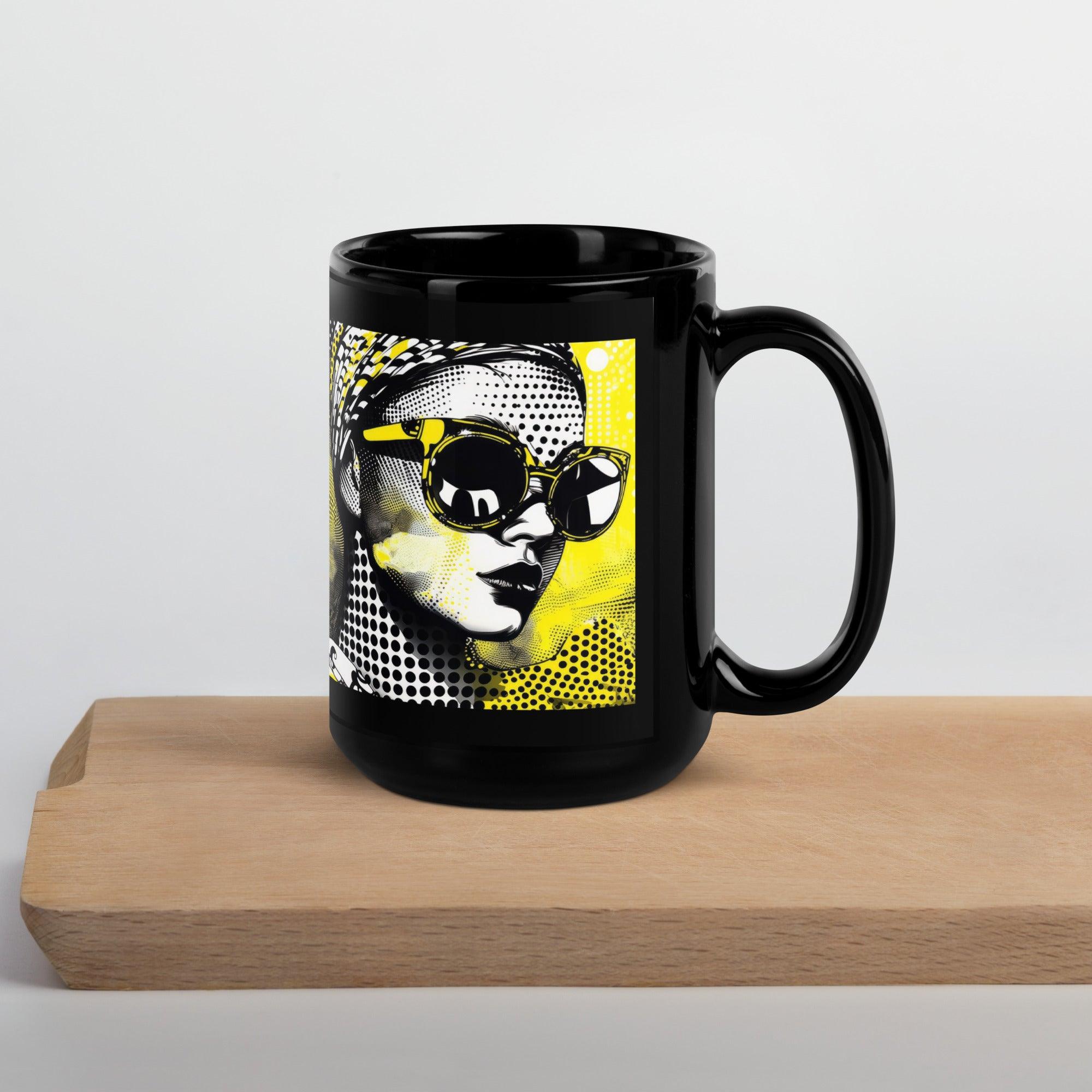 Stylish glossy black tea mug in natural light.