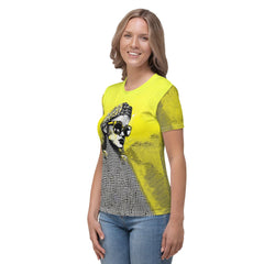 Line-Lengths women's T-shirt in a stylish outdoor setting.