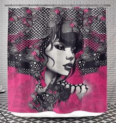 Detail of Line Levity pattern on a high-quality shower curtain