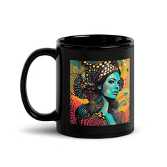 Line Life Black Glossy Mug filled with steaming coffee.