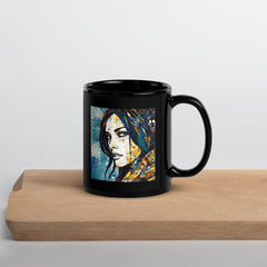 Line Life III Black Glossy Mug on a wooden table.