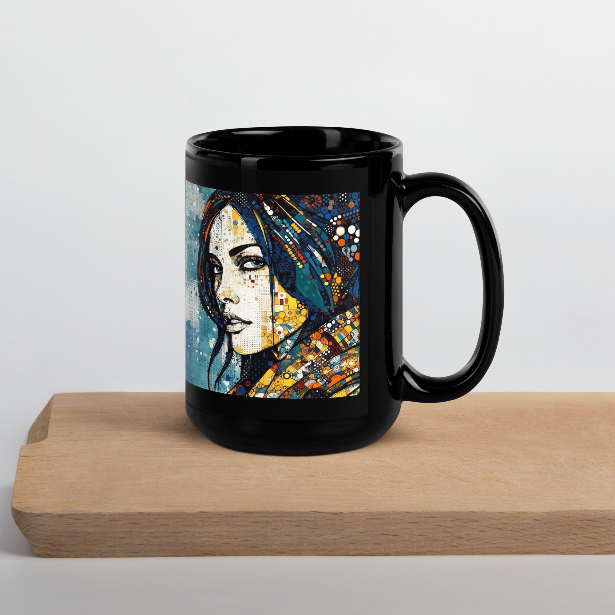 Elegant Line Life III Black Glossy Mug in natural light.