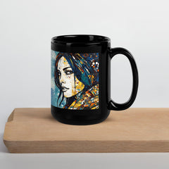 Elegant Line Life III Black Glossy Mug in natural light.