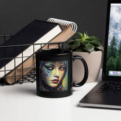 Close-up of Line Love Black Glossy Mug on a wooden table.
