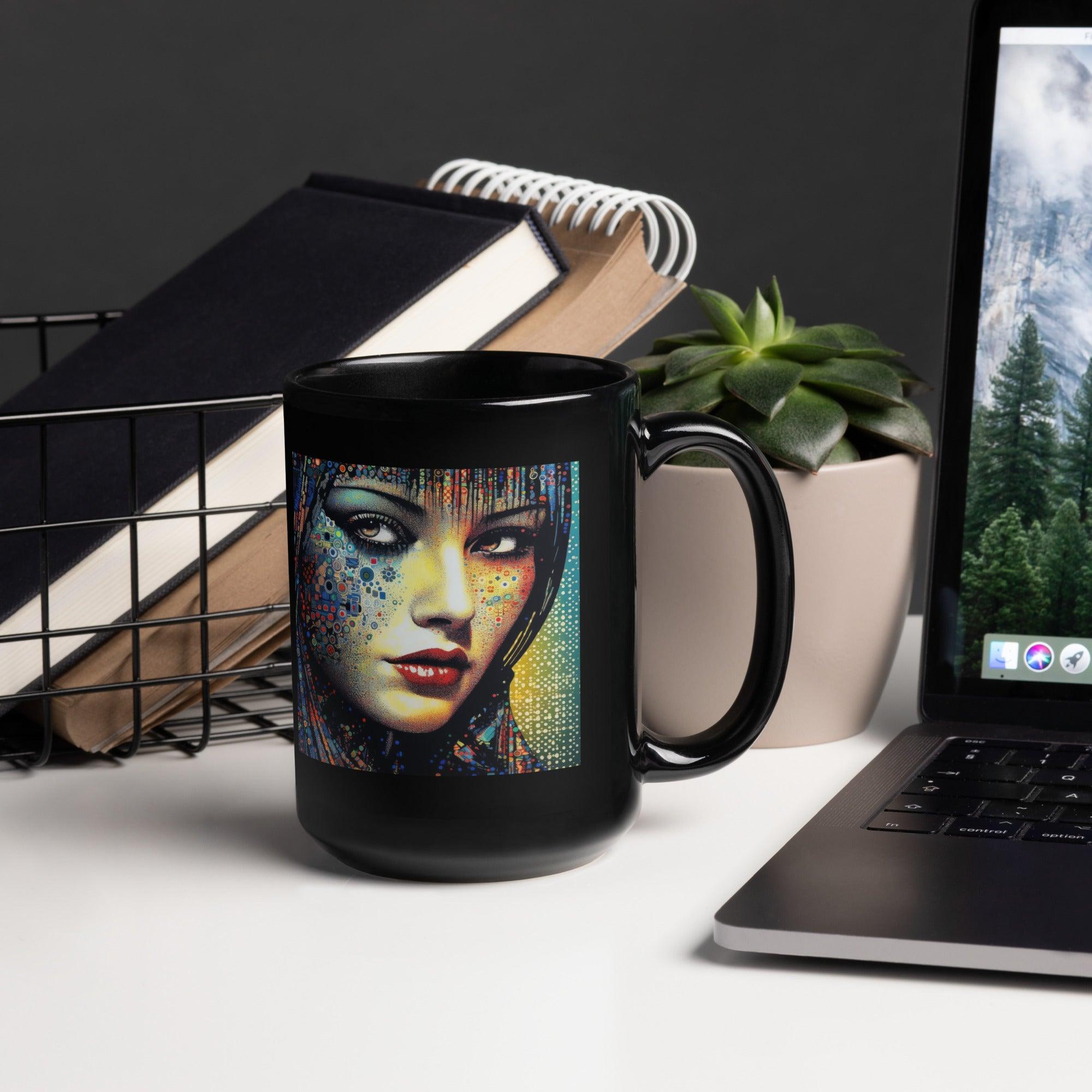 Line Love Black Glossy Mug filled with steaming coffee.