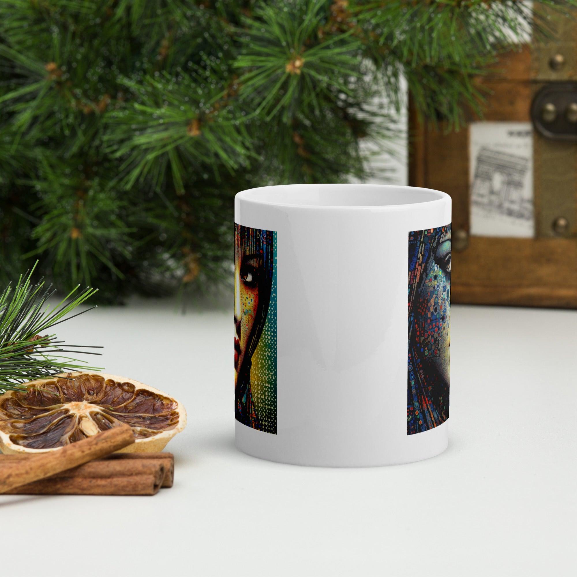 Elegant White Glossy Mug with Line Love artwork displayed on a shelf.