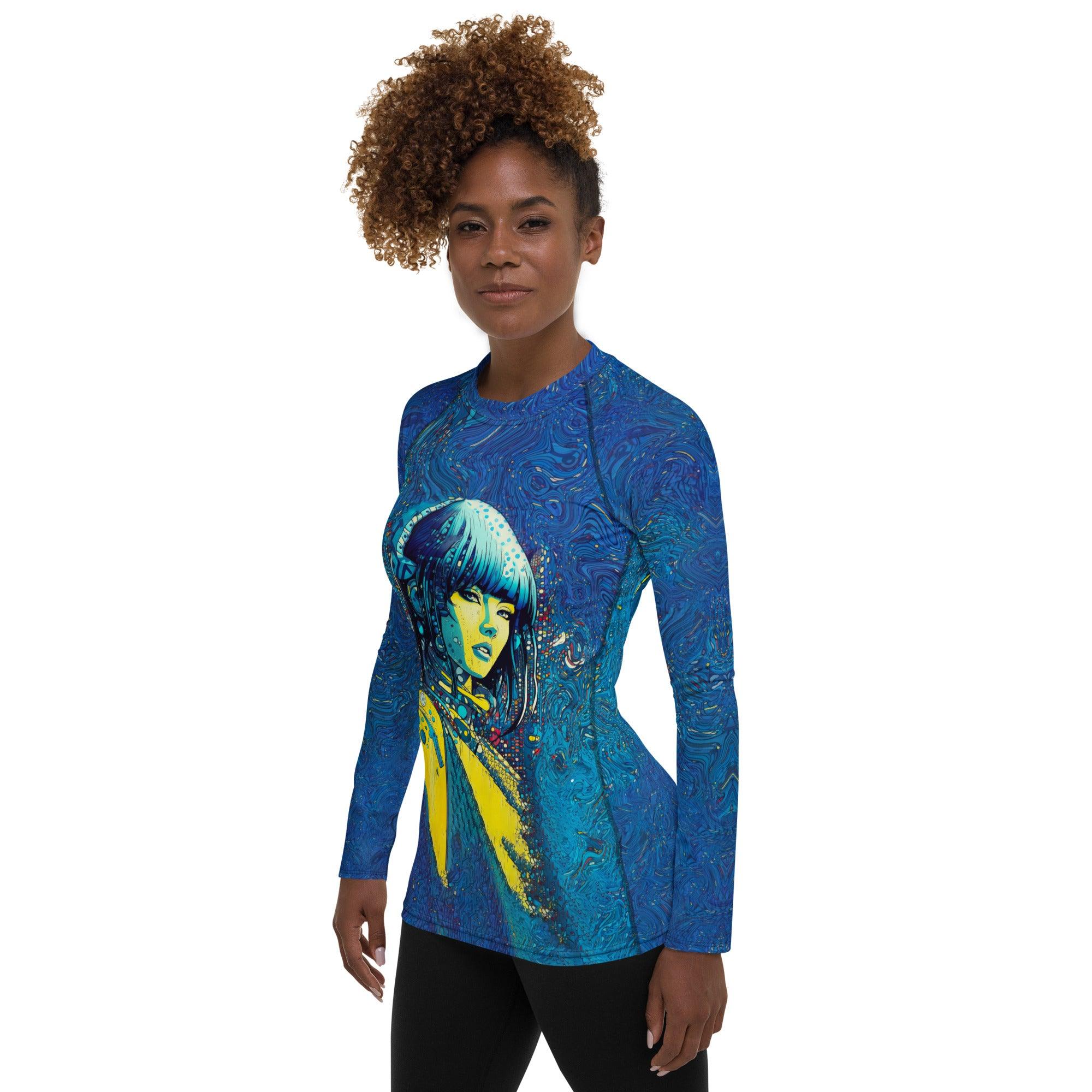 Woman wearing Line Luminance rash guard at the beach.