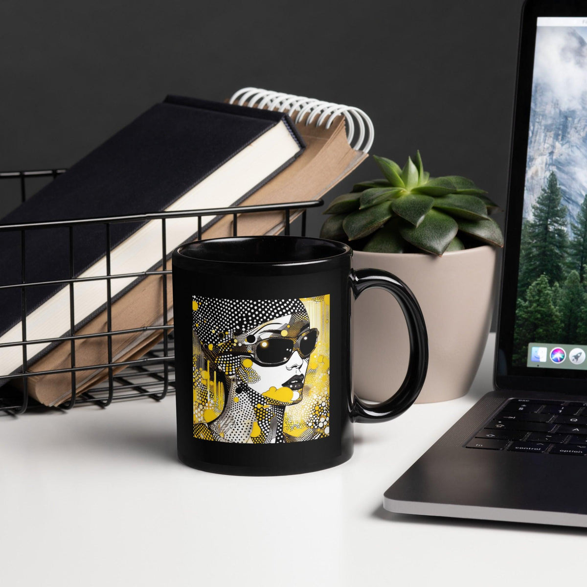 Black glossy mug with line luminosity design on display.
