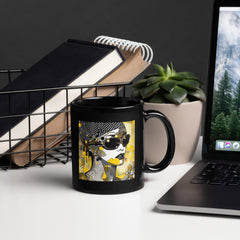 Black glossy mug with line luminosity design on display.