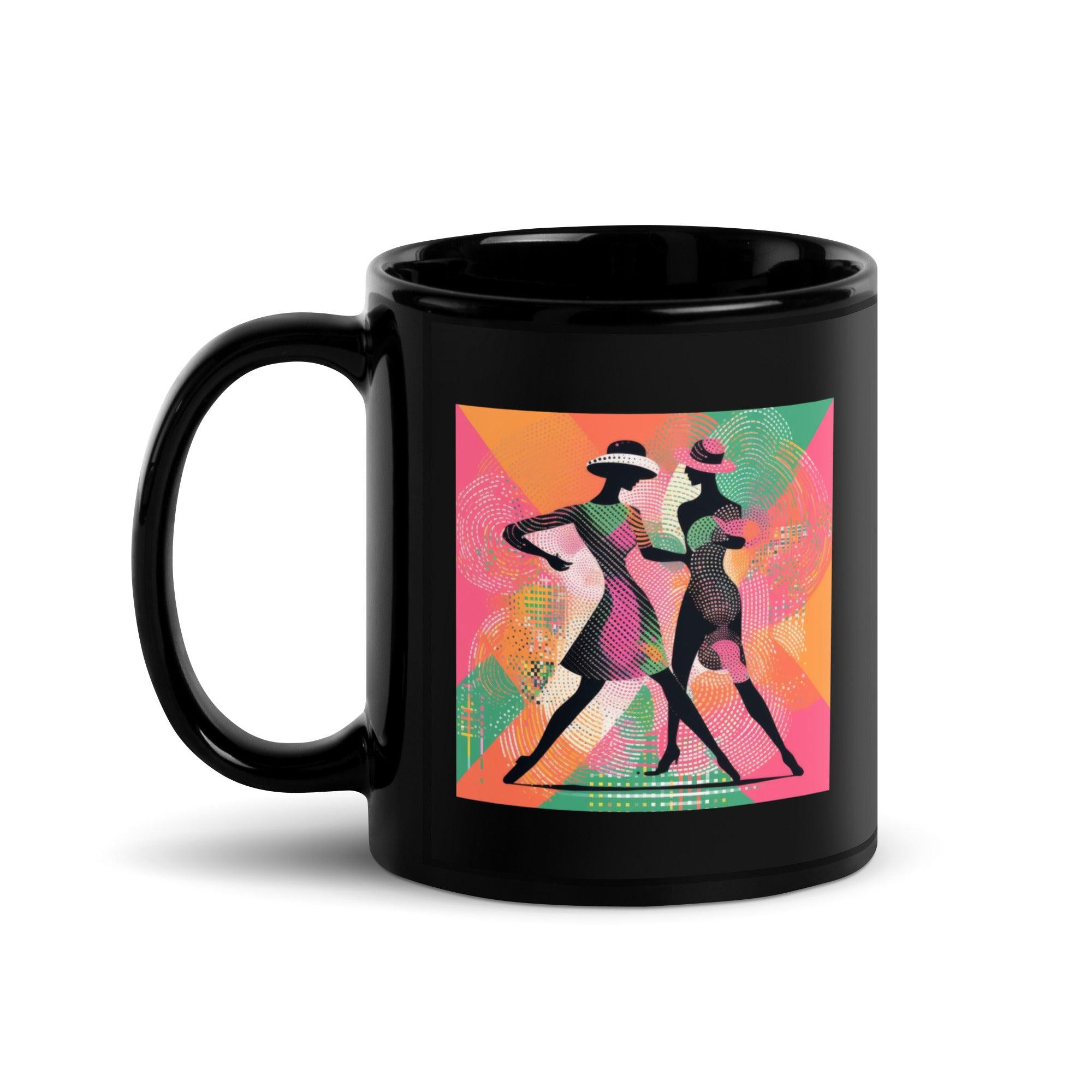 Elegant black glossy mug with balletic fashion theme, perfect for coffee and tea.