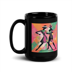 Black glossy coffee mug with lyrical balletic fashion design, ideal for home or office use.