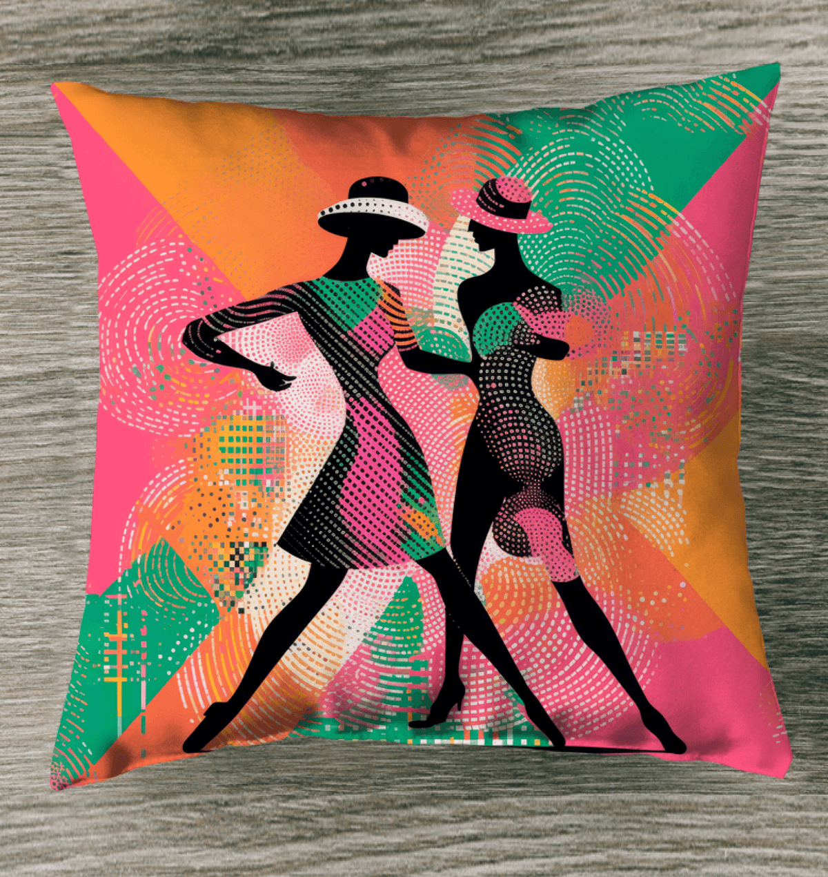 Lyrical Balletic Fashion Outdoor Pillow on a sunlit outdoor sofa