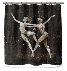 Artistic flair shower curtain with a feminine dance motif to enhance bathroom elegance.