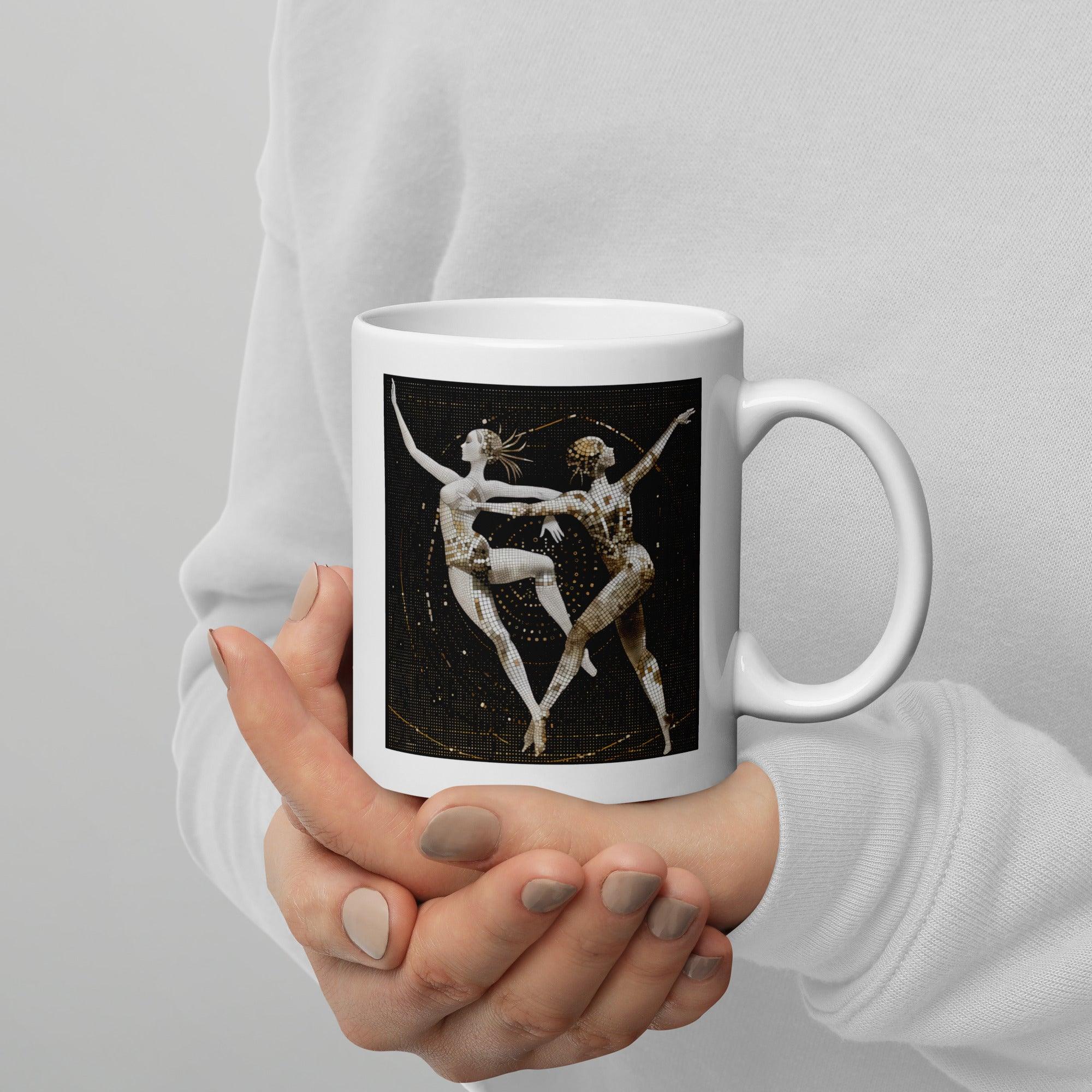 Elegant white mug featuring feminine dance artwork