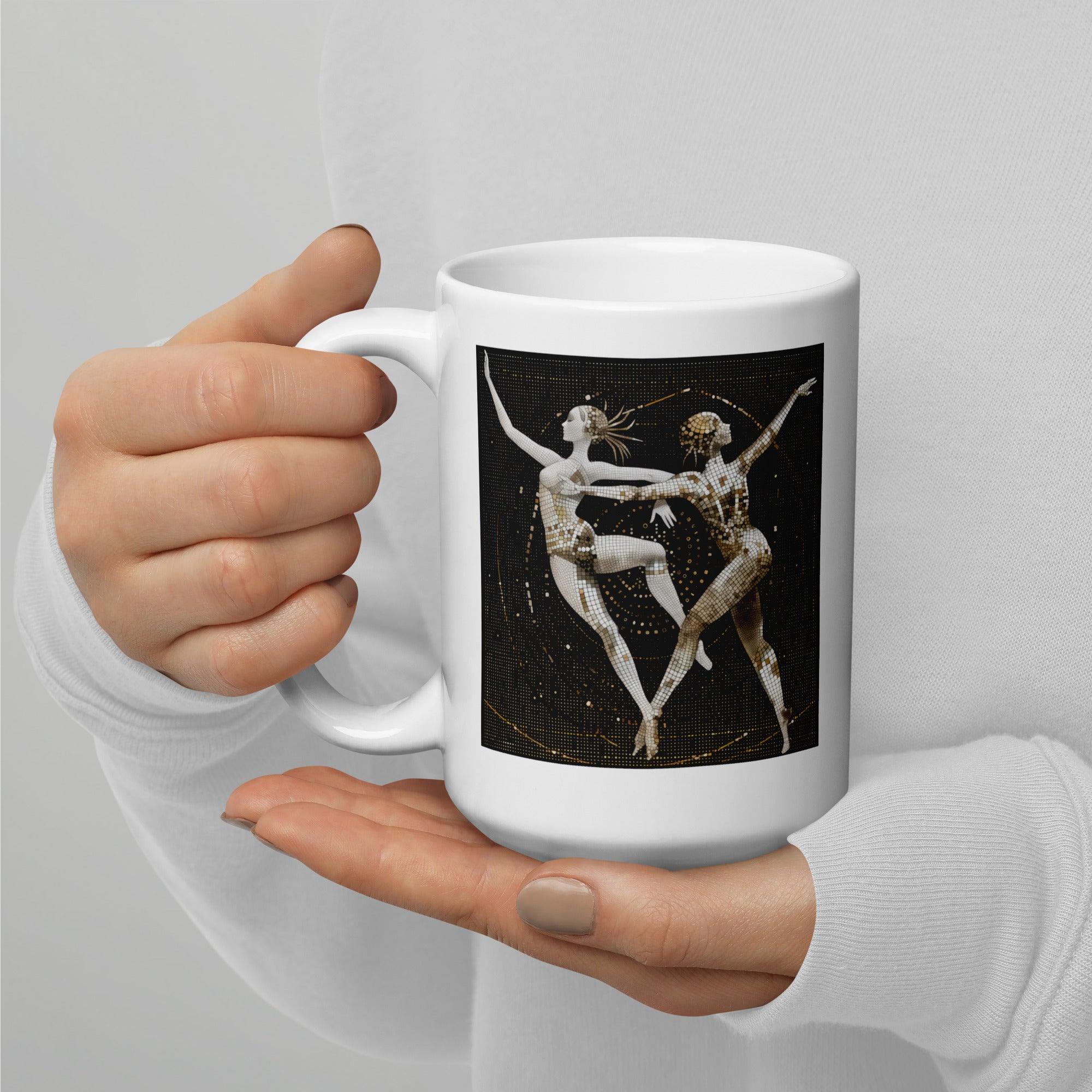 Stylish glossy white mug with dance motif