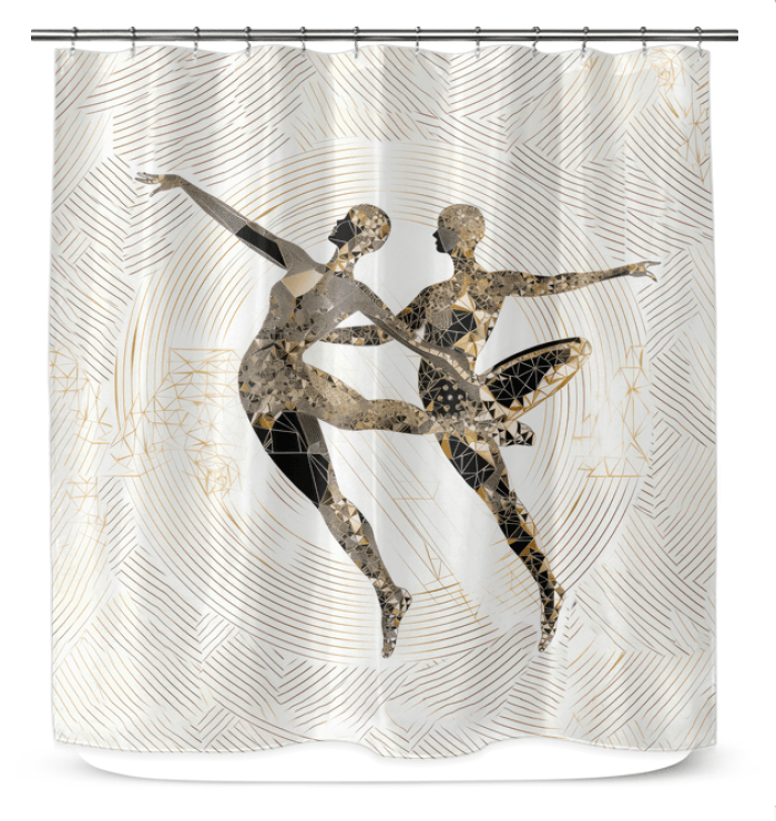 Elegant shower curtain featuring lyrical dance silhouette for stylish bathrooms.