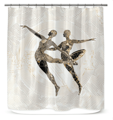 Elegant shower curtain featuring lyrical dance silhouette for stylish bathrooms.