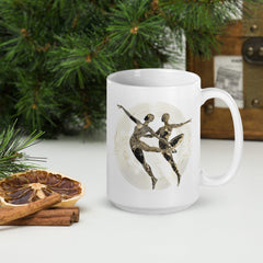 White glossy mug with lyrical dance design for women.