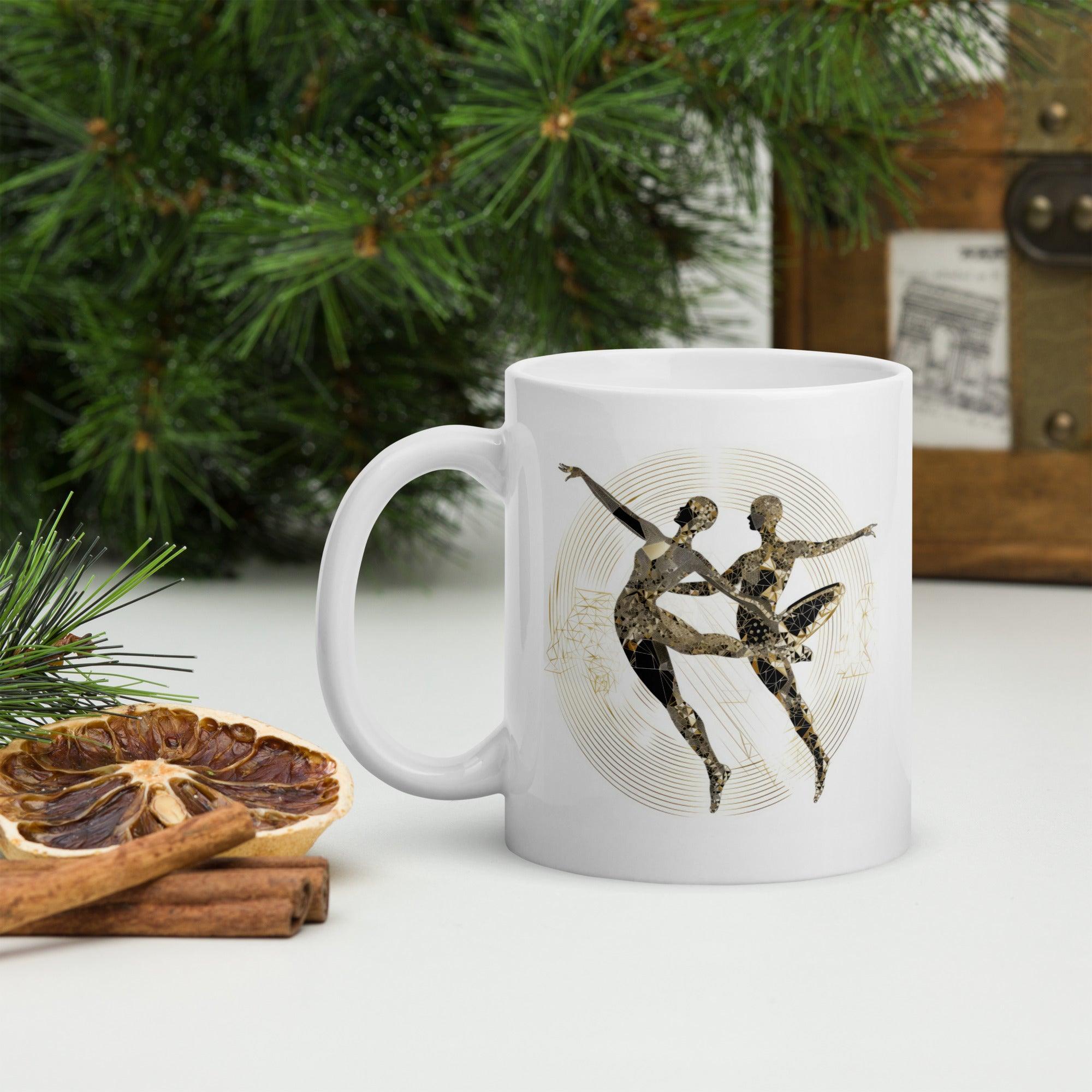 Elegant white mug with women's dance fashion motif.