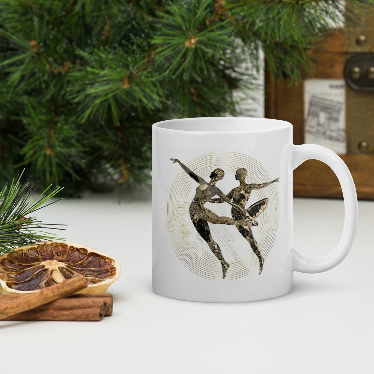 Durable coffee mug featuring glossy white finish and dance theme.