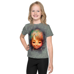 Close-up of the colorful Cherub design on kids T-shirt.