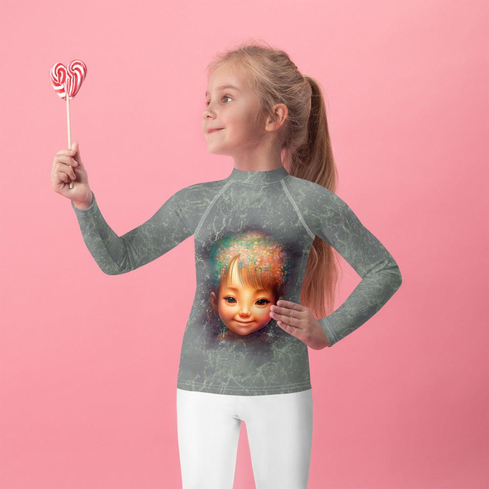 Child wearing Magical Cherubs Glimpse Rash Guard at the beach.