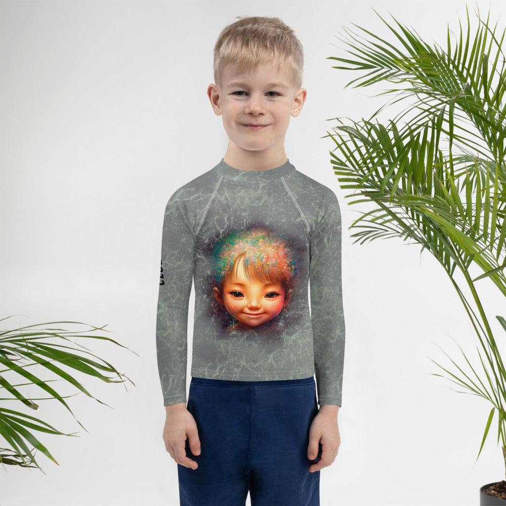 Kids Rash Guard with Magical Cherubs design in sunlight.