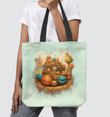 Colorful Magical Confectionary Smiles Basketweave Tote Bag on white background.