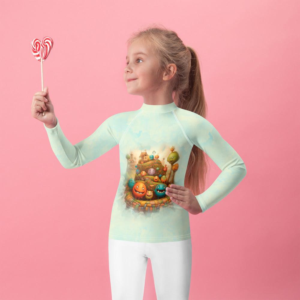 Child wearing Magical Confectionary Rash Guard with colorful candy patterns.