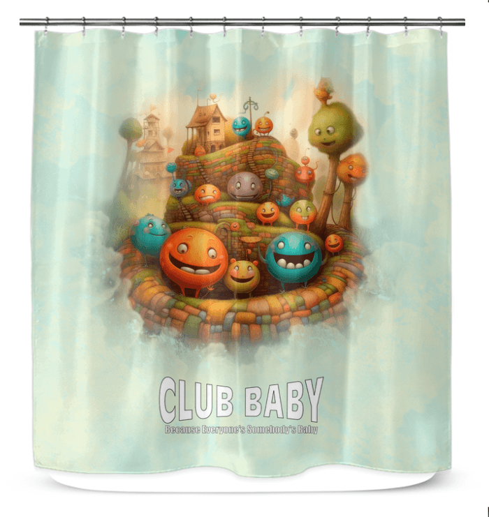 Colorful Magical Confectionary Smiles Shower Curtain in Bathroom Setting.