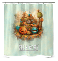 Colorful Magical Confectionary Smiles Shower Curtain in Bathroom Setting.