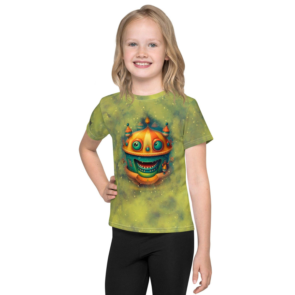 Child wearing Magical Merry Go Round T-shirt with carousel design.