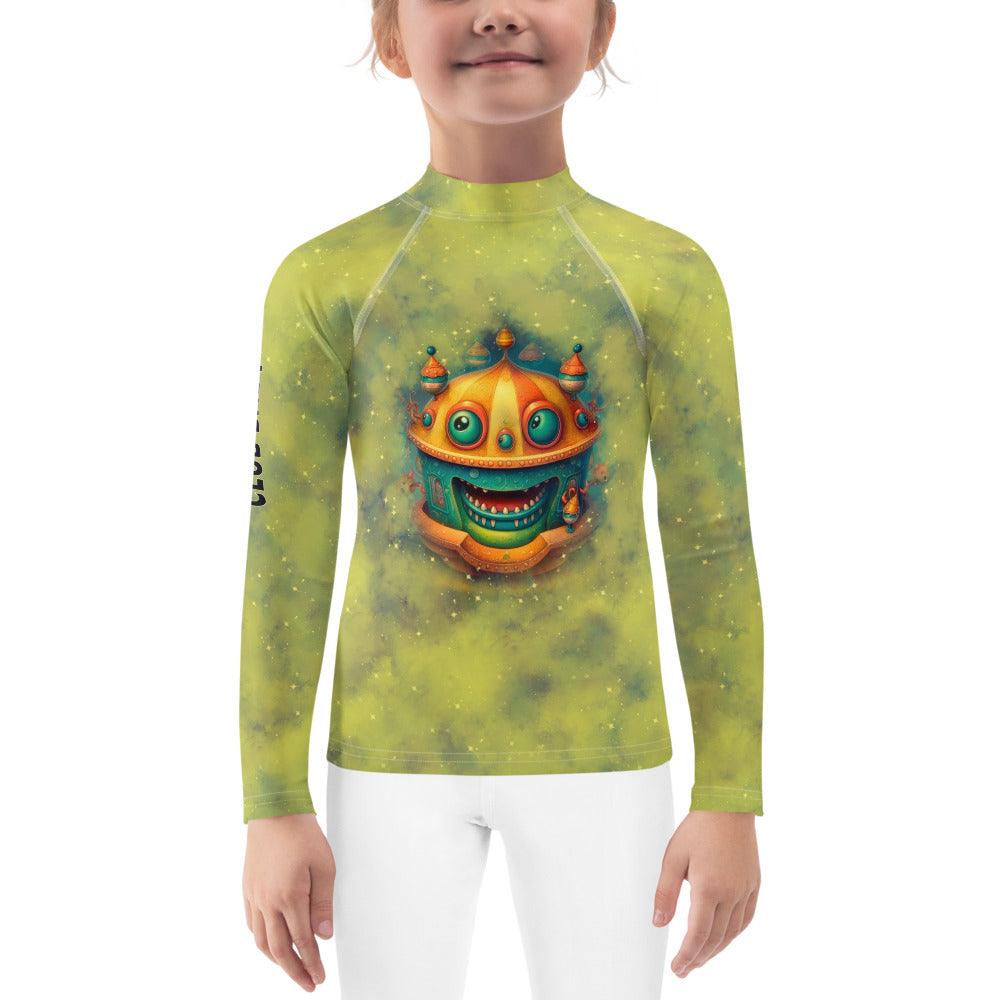 Child wearing Magical Merry Go Round Rash Guard at the beach.